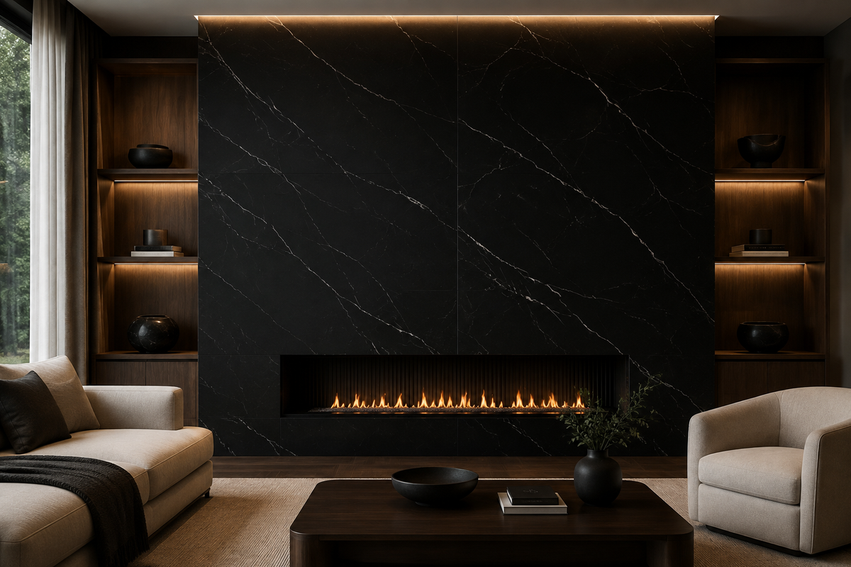 Living room fireplace feature wall clad in coordinating Nero Marquina porcelain faces