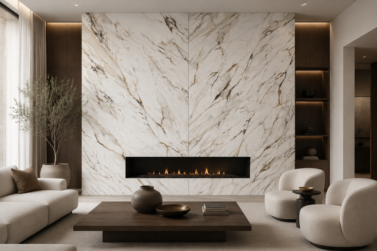 Living room fireplace feature wall clad in coordinating Calacatta Luxe porcelain A and B faces