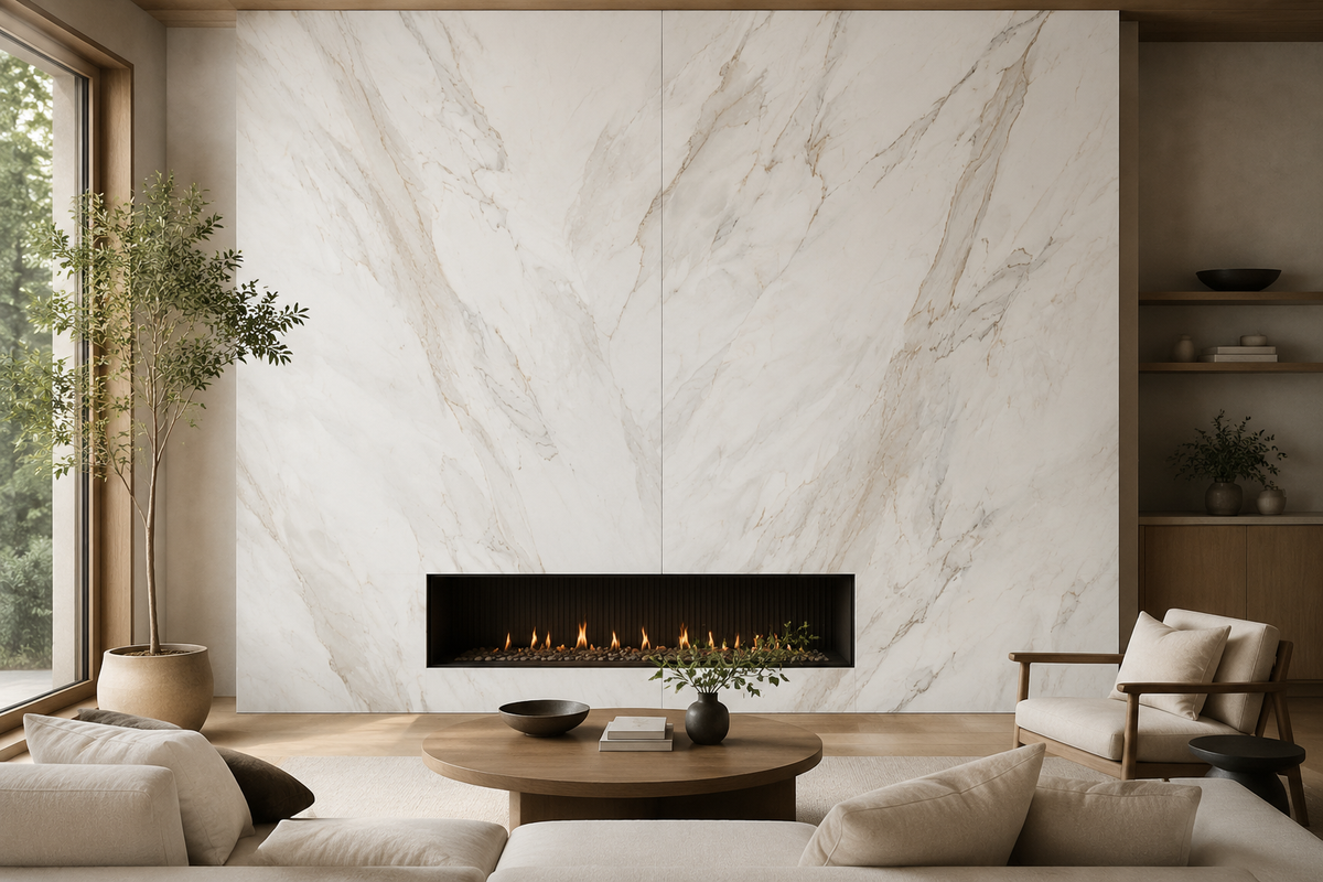 Living room fireplace feature wall clad in coordinating Calacatta Borghini porcelain A and B faces