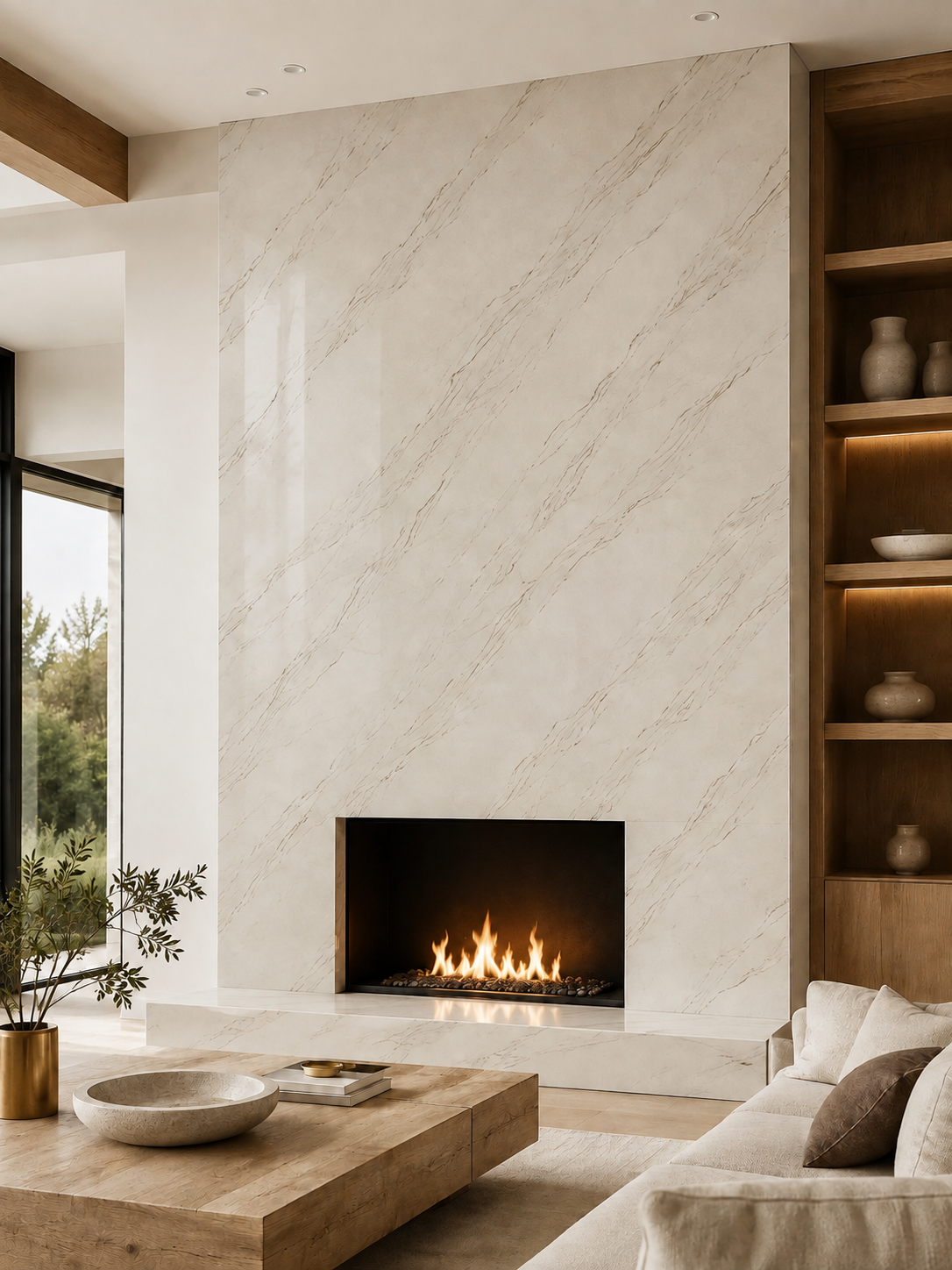 Contemporary fireplace feature wall clad in polished Casablanca Quartz