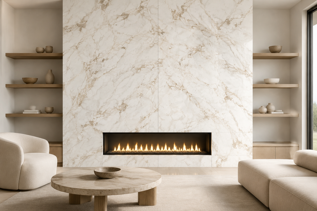 Living room fireplace feature wall clad in Calacatta Macchia Vecchia porcelain A and B faces
