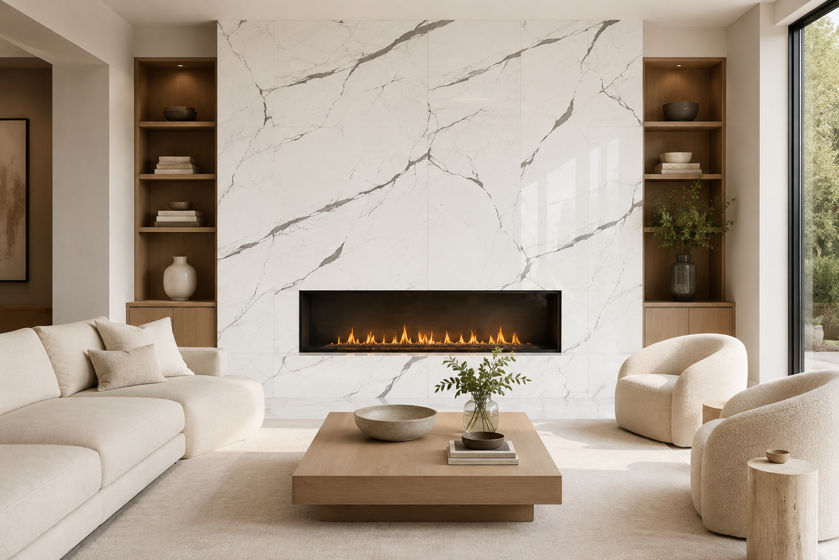 Living room fireplace feature wall clad in coordinating Statuario Norwell porcelain faces