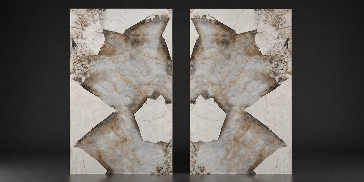 Patagonia porcelain Faces A and B displayed as a mirrored bookmatch pair in a dark studio setting