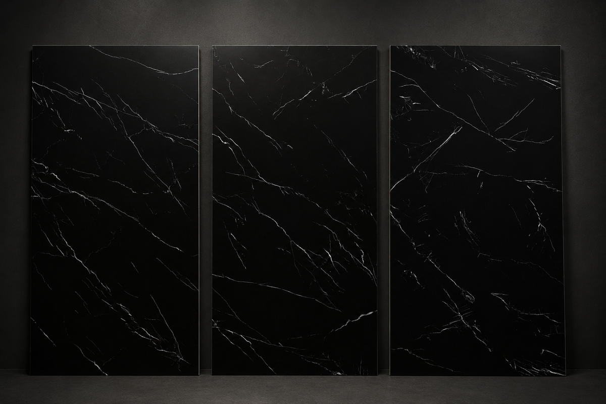 Nero Marquina porcelain faces F1, F2 and F3 shown together in a dark studio setting