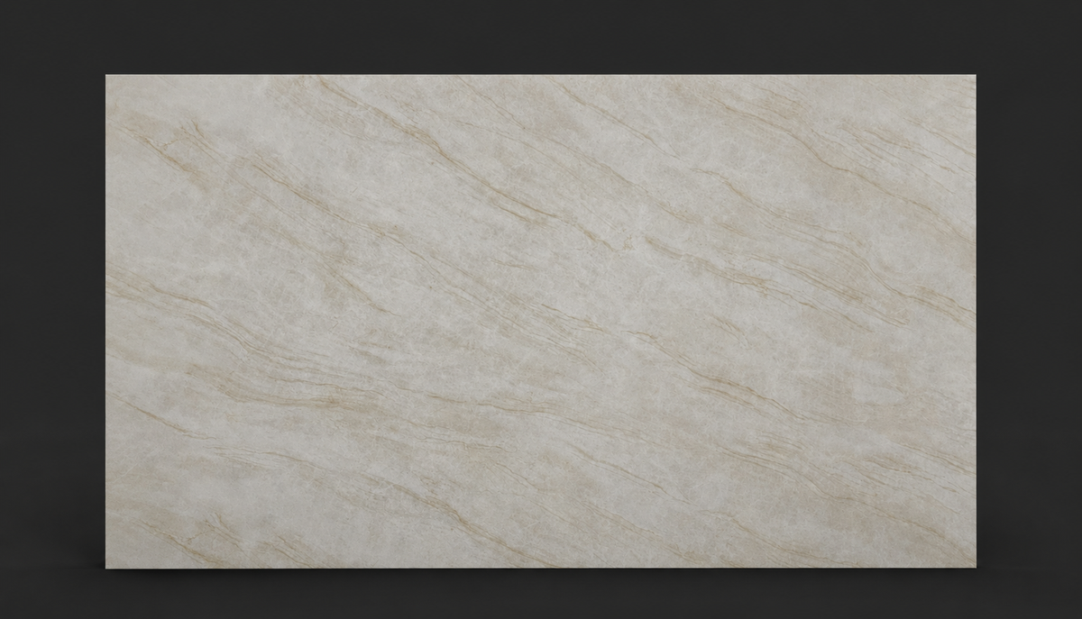 Full slab of Printed Taj Mahal Quartz with soft linear beige veining across a creamy white background