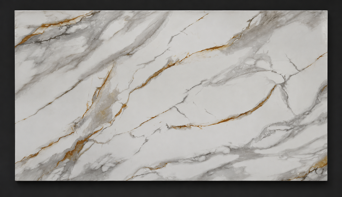 Full rectangular marble slab on dark background showing complete vein pattern in white base with grey and gold striations, ideal for slab selection reference.