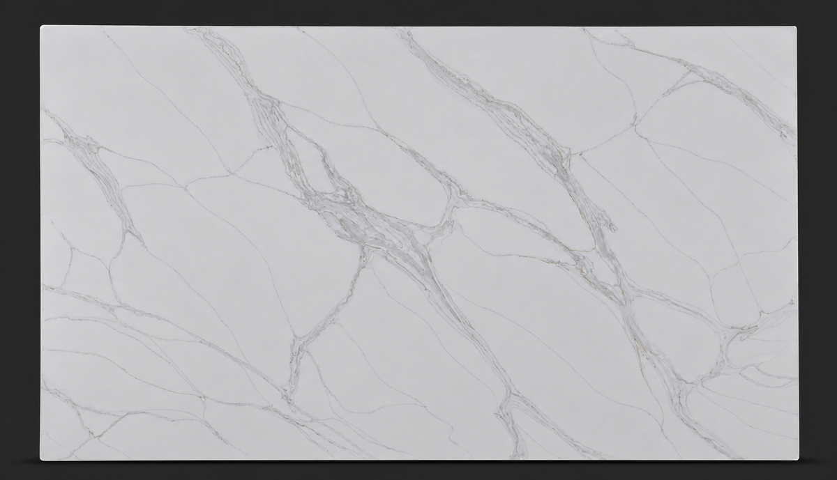 Full slab of Calacatta Sorello Quartz with dramatic gray veining and subtle gold accents on a white background