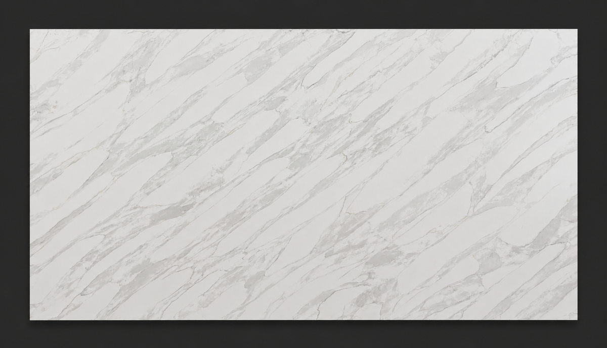 Full 138 x 79 inch Golden Storm Quartz slab with flowing diagonal gray ribbons and subtle champagne-gold accents