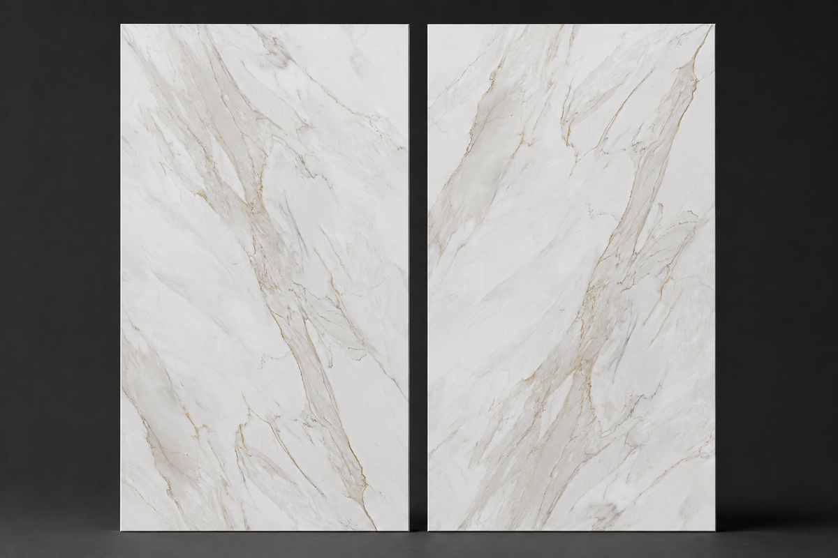 Calacatta Borghini porcelain Face A and Face B shown side by side on a dark studio background