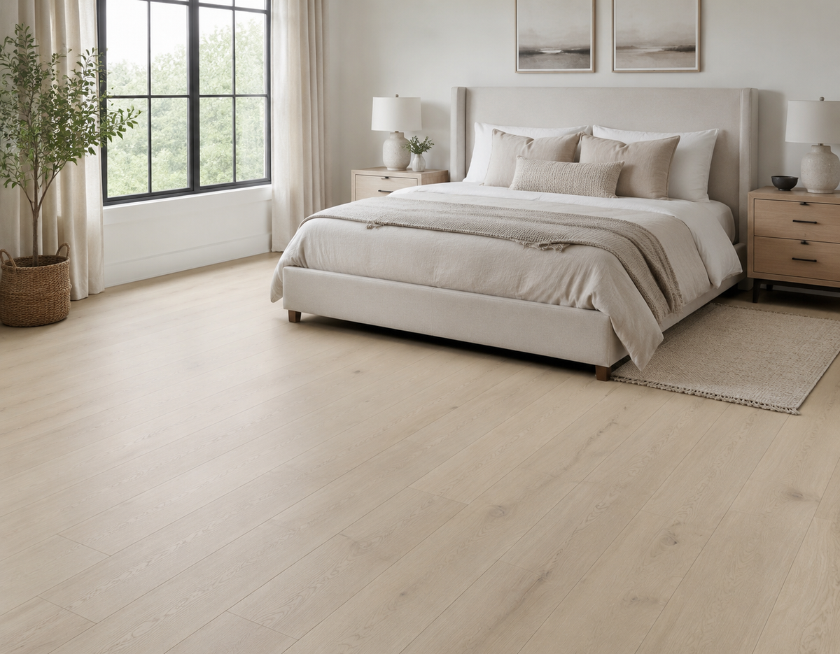 Golden Maple SPC flooring in a bright neutral bedroom with light natural wood tones