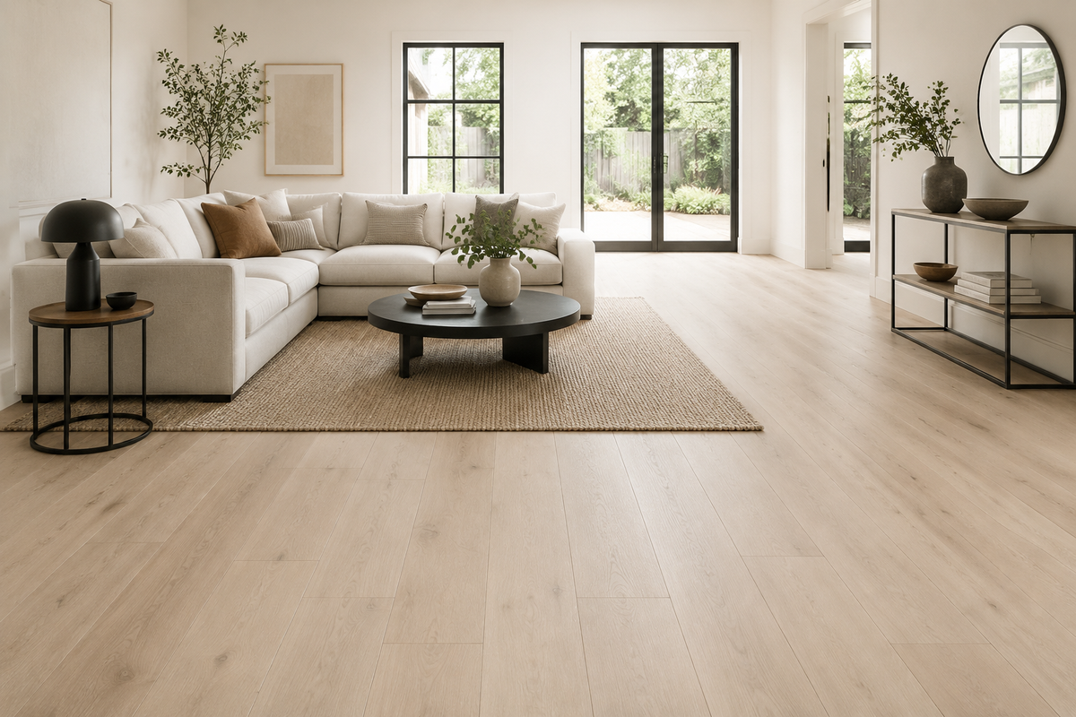 Golden Maple SPC flooring in a calm contemporary living room with neutral furnishings