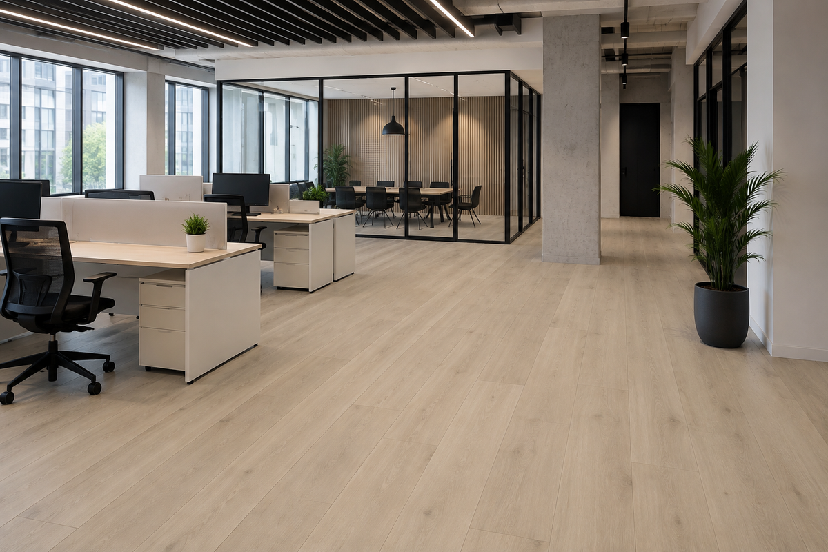 Golden Maple SPC flooring in a modern professional office with light wood-look planks