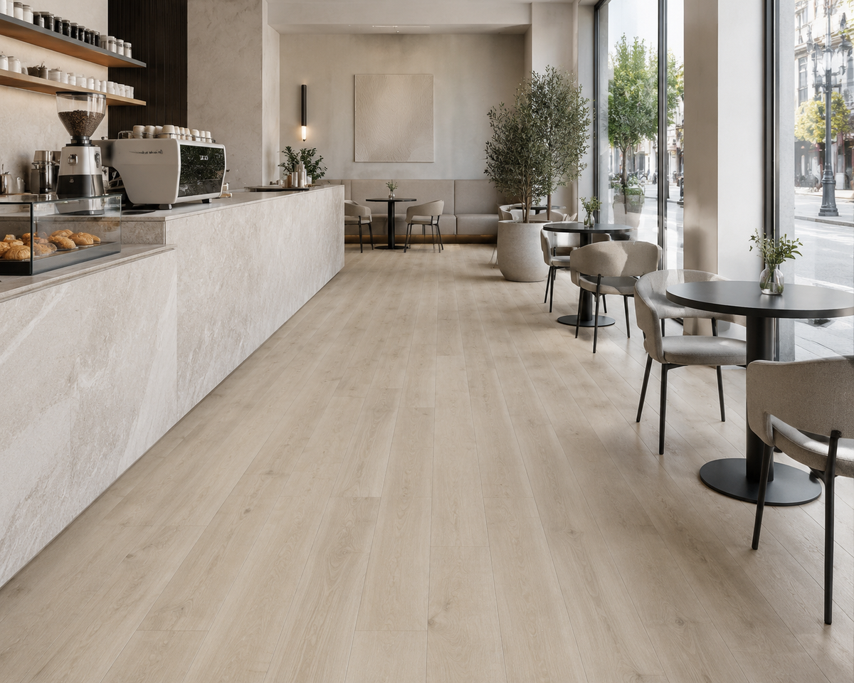 Golden Maple SPC flooring in a refined modern café with light neutral interiors