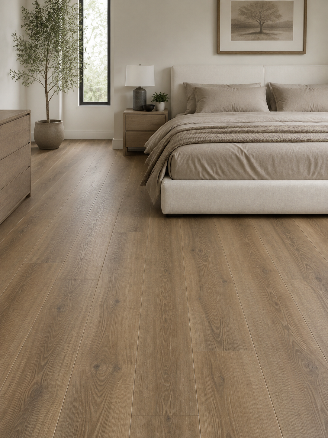 Golden Oak SPC flooring in a calm neutral bedroom