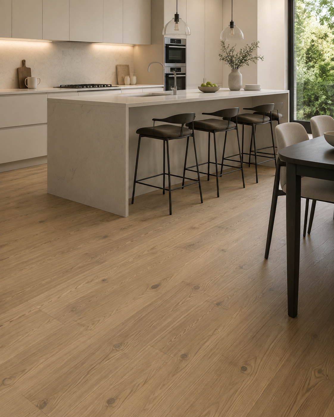 Golden Oak SPC flooring in a warm-white modern kitchen