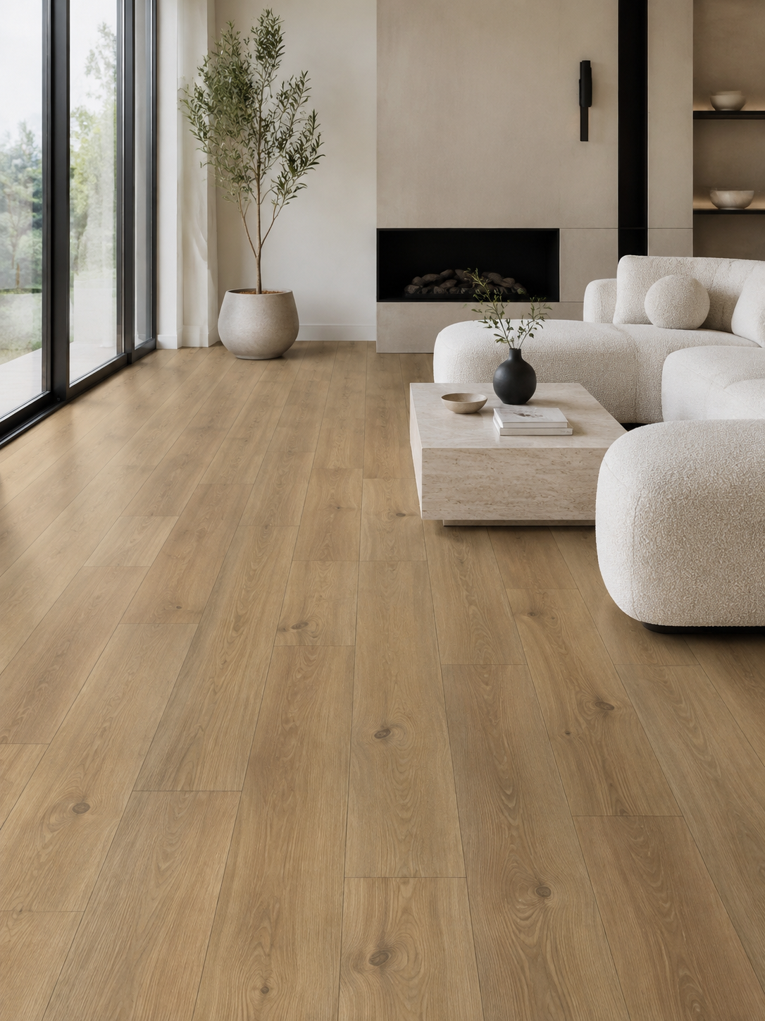 Golden Oak SPC flooring in a neutral modern living room