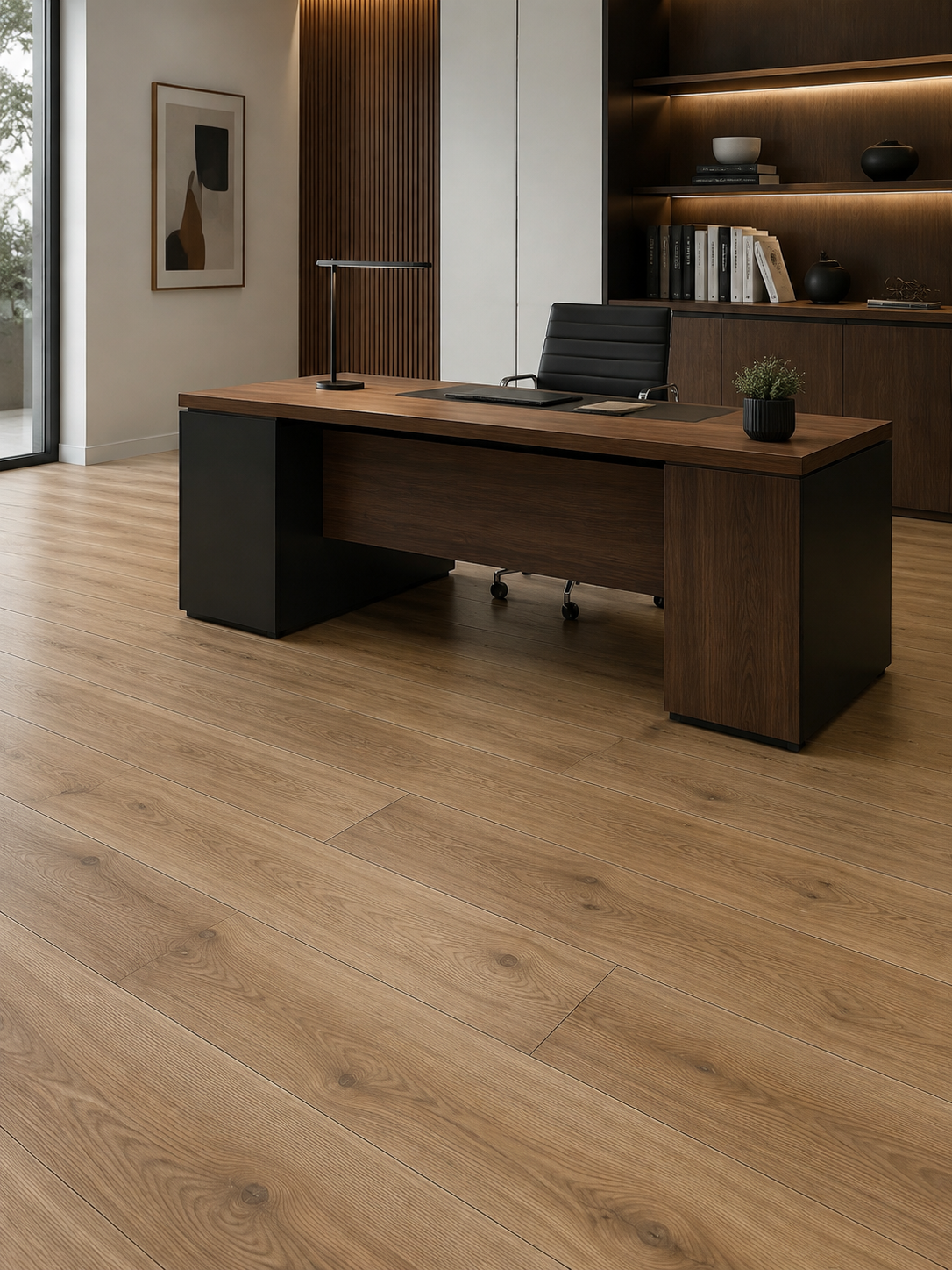 Golden Oak SPC flooring in a contemporary executive office