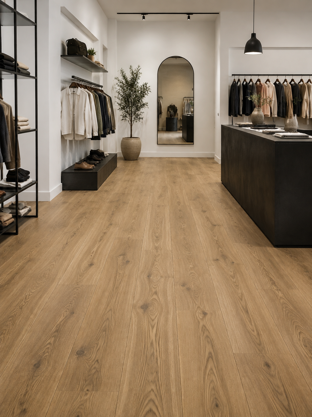 Golden Oak SPC flooring in a minimalist boutique retail interior