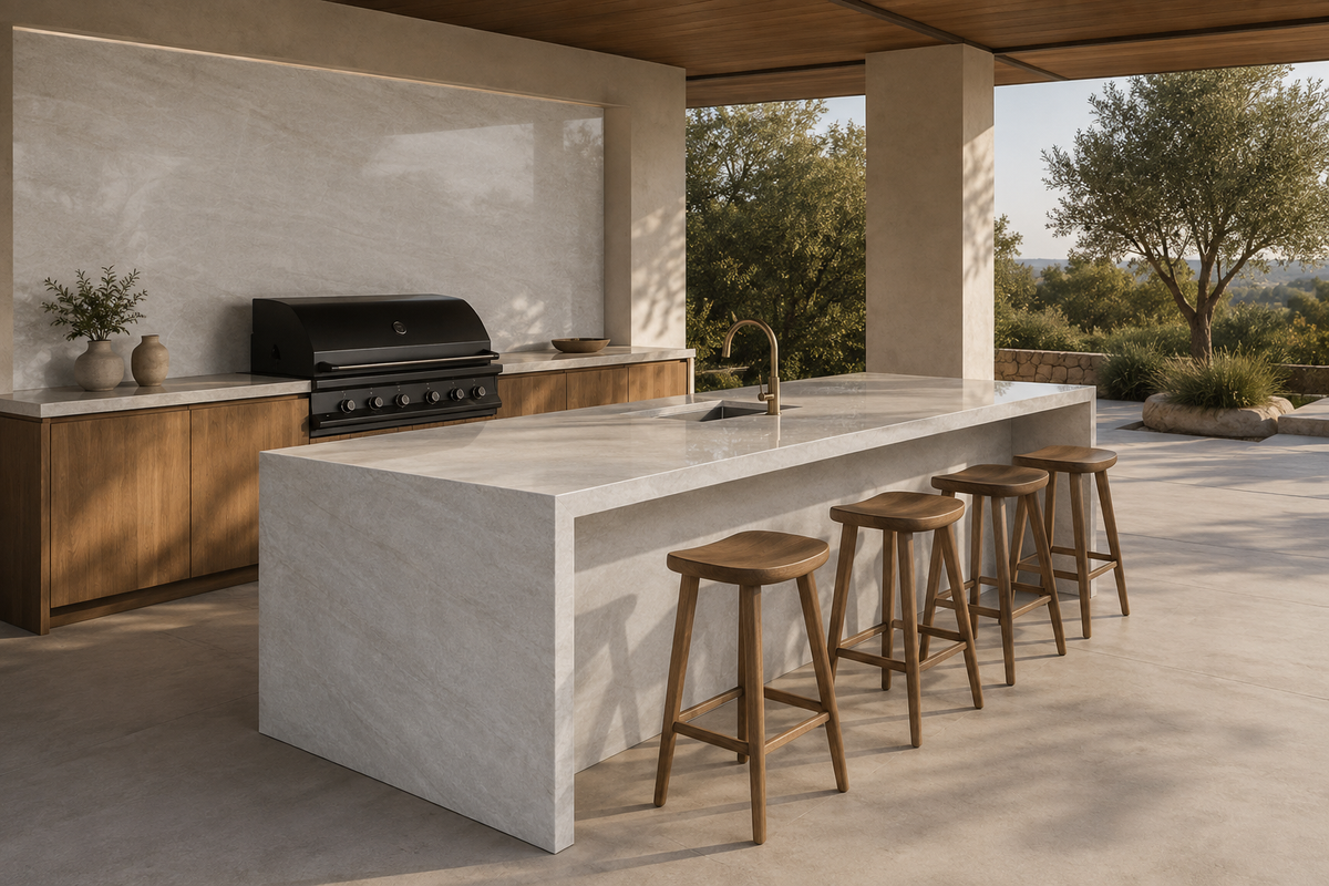 Luxury outdoor kitchen featuring light beige quartz waterfall island, countertops, and backsplash
