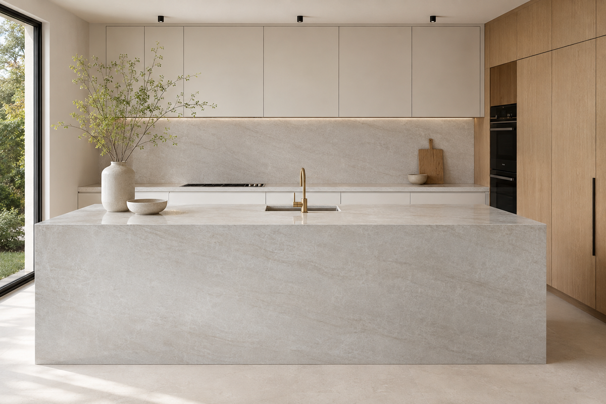 Modern kitchen with light beige quartz waterfall island, countertops, and matching backsplash