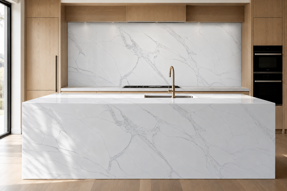 Modern kitchen with Calacatta Sorello Quartz waterfall island and full-height backsplash with gray veining