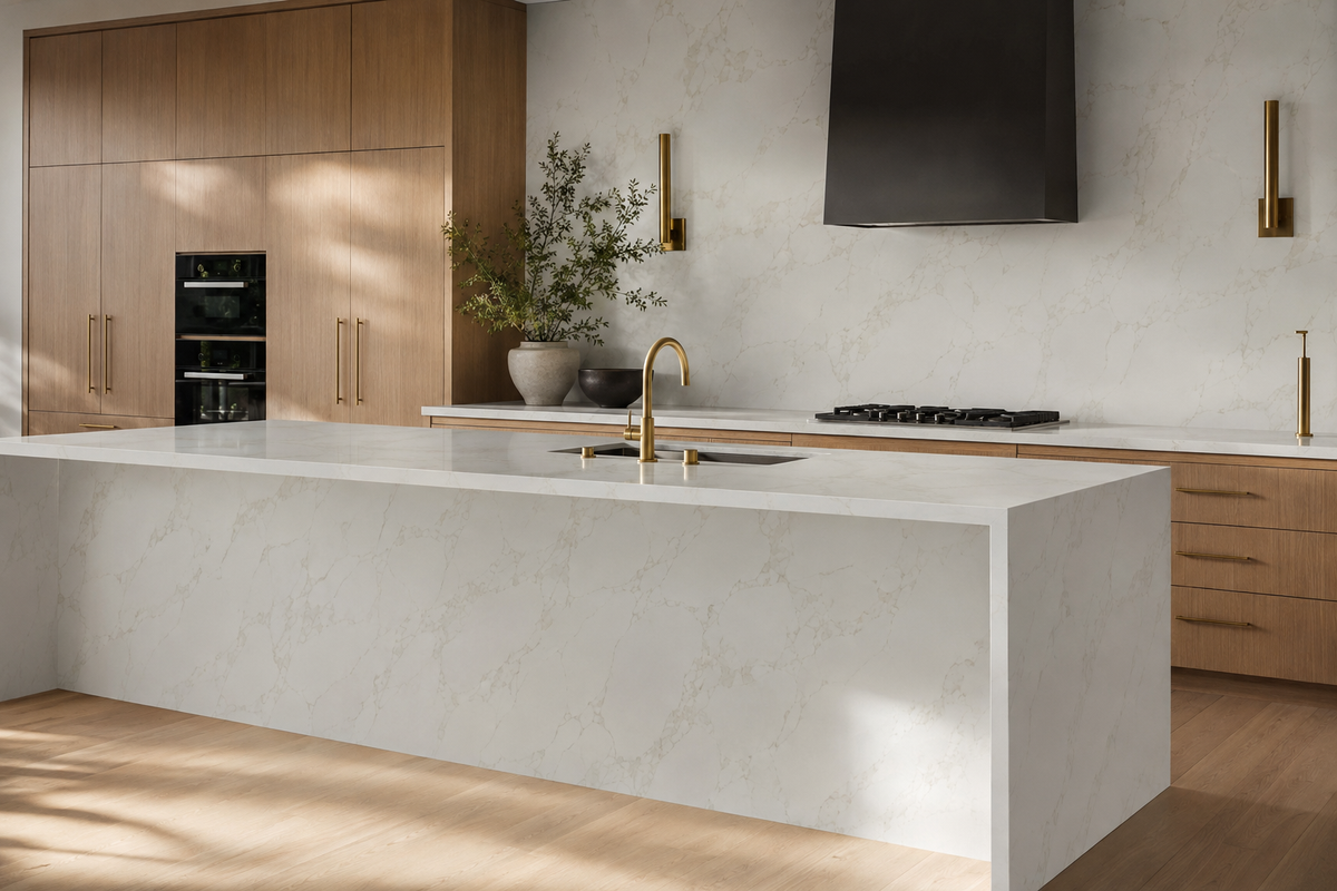 Modern kitchen with Calacatta Eterna Quartz waterfall island, countertops, and full-height backsplash