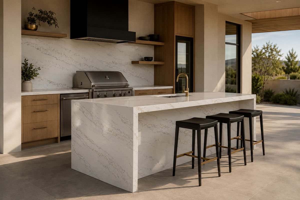Luxury outdoor kitchen with Calacatta Bellagio Quartz waterfall island, countertops, and backsplash
