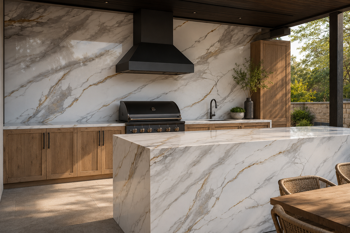 Covered outdoor kitchen featuring a marble waterfall island, matching marble backsplash, black grill, wood cabinetry, and wicker seating with garden views.
