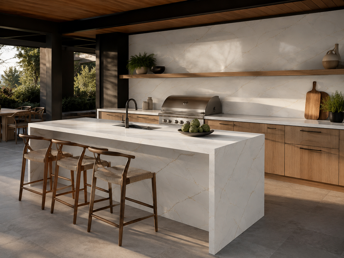 Covered outdoor kitchen with Lumina Gold Quartz waterfall island, countertops and backsplash