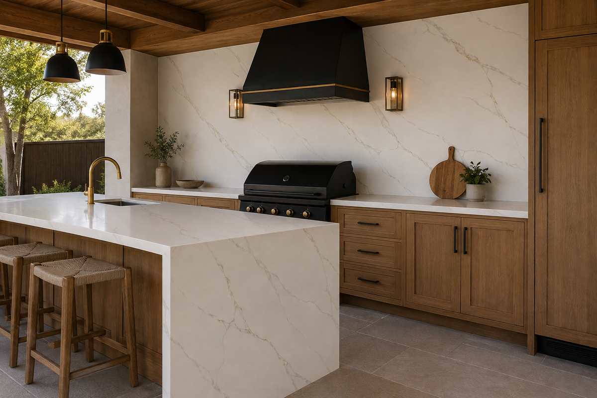 Luxury outdoor kitchen featuring Calacatta Vittoria Quartz countertops, waterfall island and backsplash