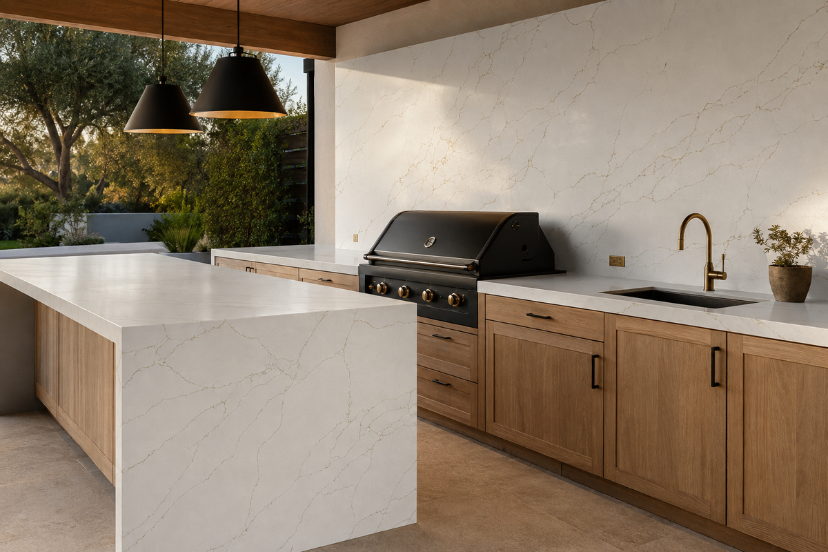Modern outdoor kitchen with white stone countertops and backsplash with gold veining