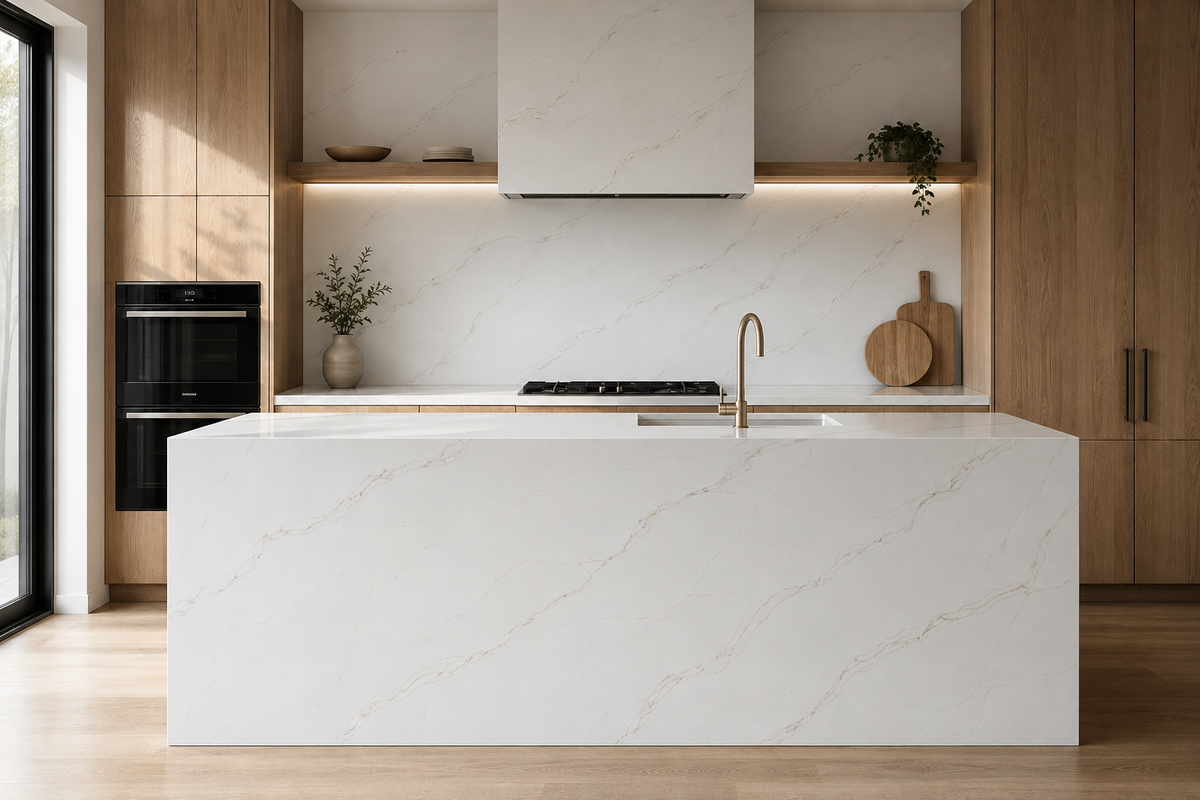 Modern kitchen featuring Calacatta Alba Quartz waterfall island, countertops, and full-height backsplash