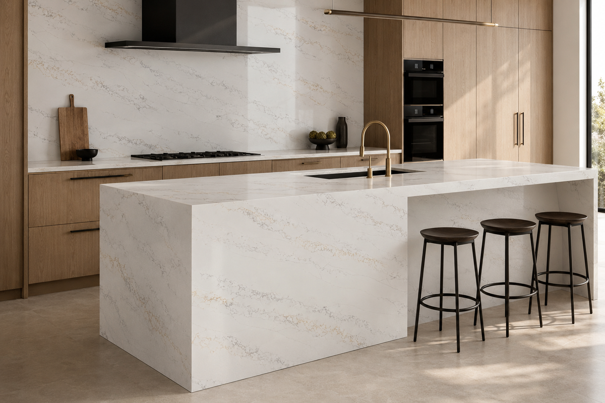 Modern kitchen featuring Calacatta Bellagio Quartz waterfall island, countertops, and full-height backsplash