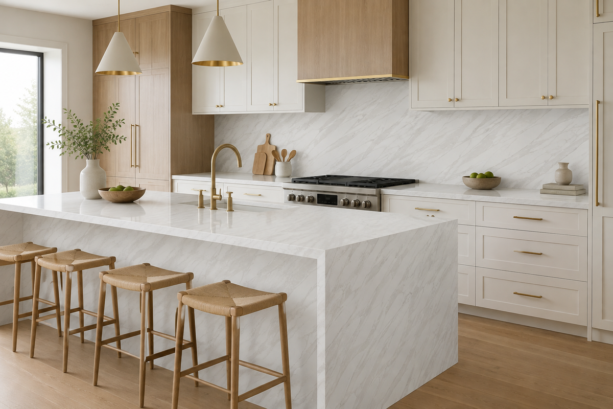 Contemporary kitchen with Golden Storm Quartz waterfall island, countertops and full-height backsplash
