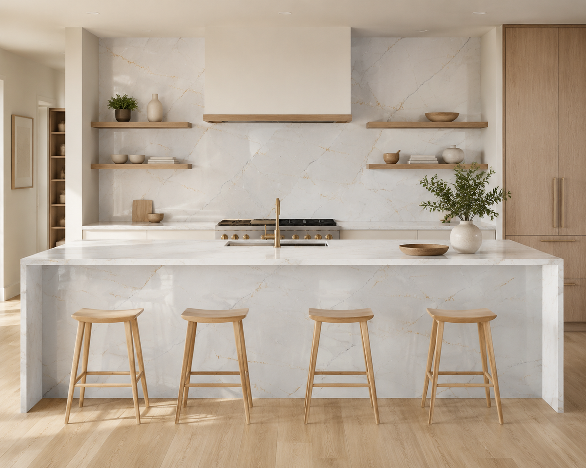 Contemporary kitchen with Lumina Gold Quartz waterfall island, countertops and full-height backsplash