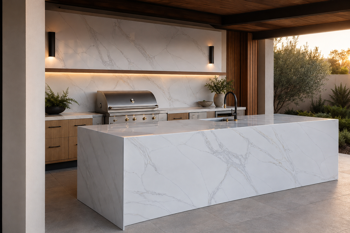Luxury outdoor kitchen featuring Calacatta Sorello Quartz waterfall island, countertops, and backsplash
