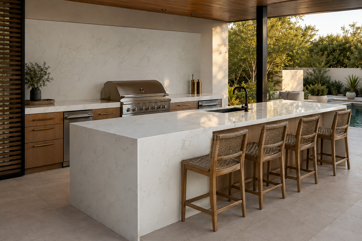 Luxury outdoor kitchen featuring Calacatta Eterna Quartz waterfall island, countertops, and backsplash