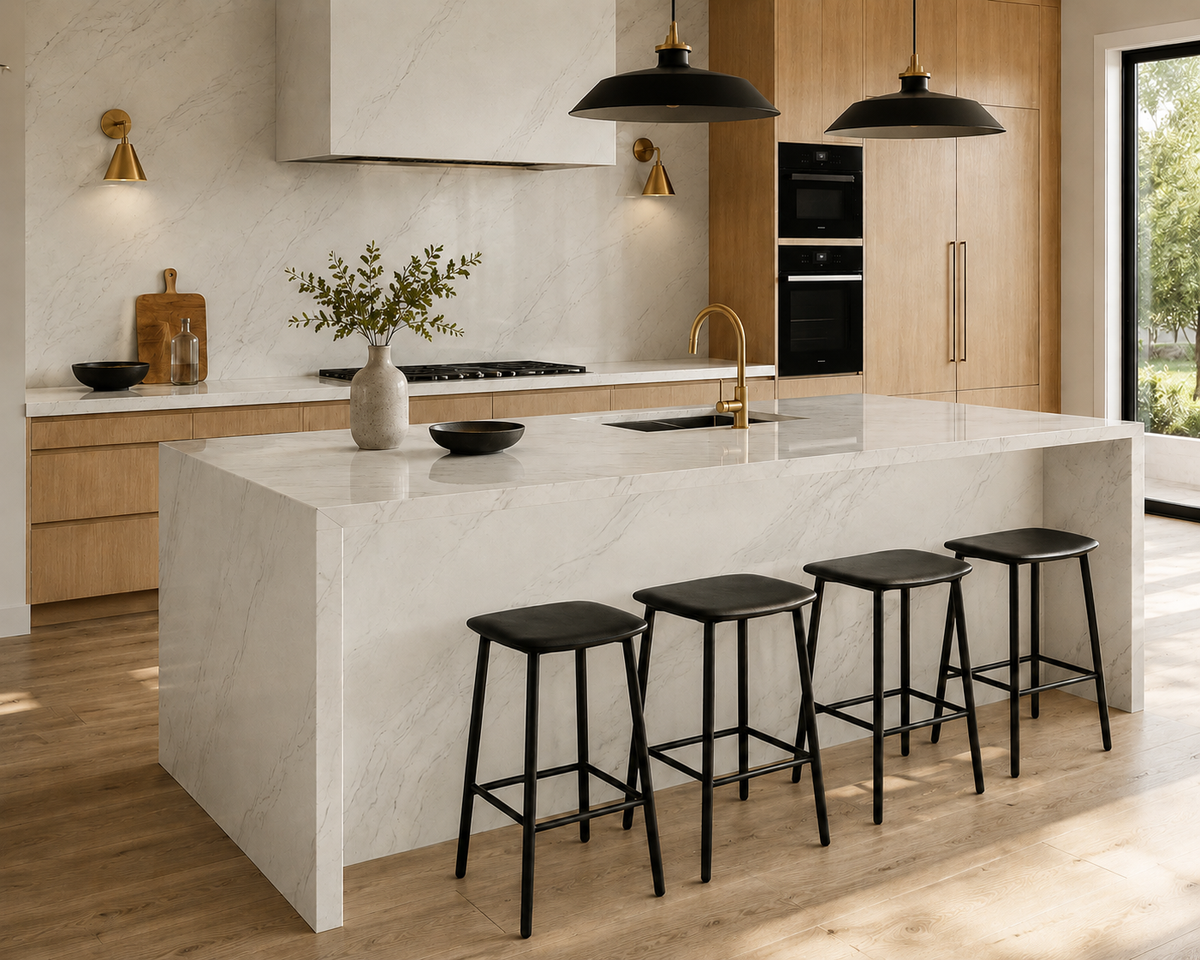 Modern kitchen with Casablanca Quartz waterfall island, countertops and full-height backsplash