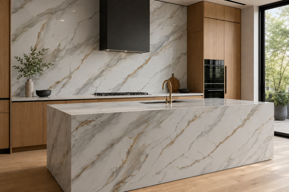 Modern kitchen with white and gold marble waterfall island, matching full-height backsplash behind the cooktop, black range hood, wood cabinetry, and brass faucet.