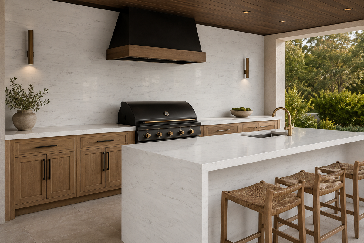 Luxury outdoor kitchen featuring Bianco Horizon Quartz countertops, waterfall island, and backsplash
