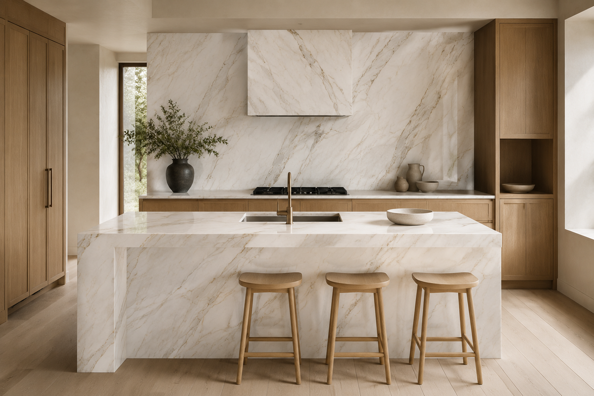 Contemporary kitchen with Calacatta Borghini porcelain island, countertops and full-height backsplash