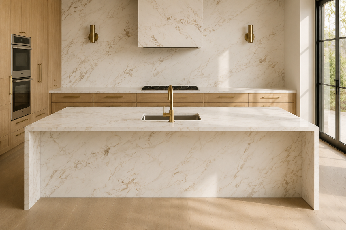 Luxury kitchen with Calacatta Macchia Vecchia porcelain island, countertops and full-height backsplash