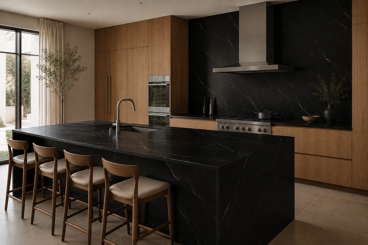 Contemporary kitchen with Nero Marquina Silk porcelain island, countertops and full-height backsplash