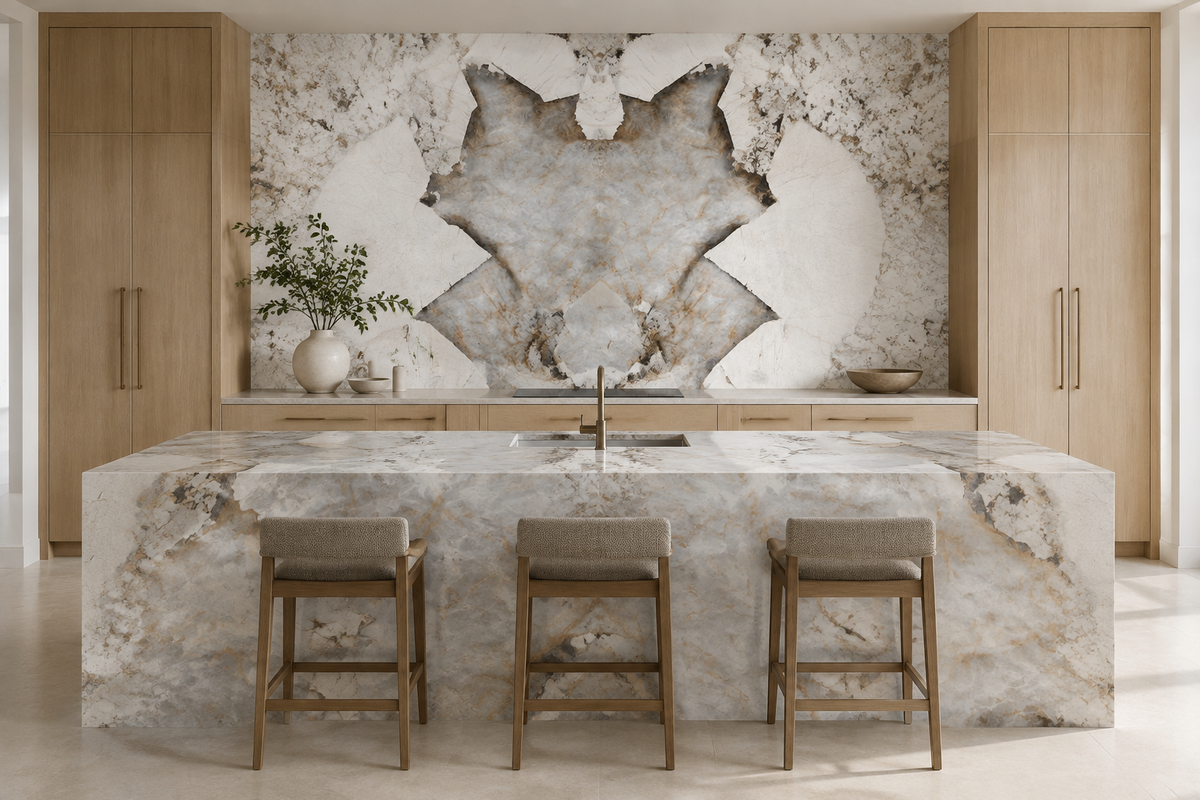 Contemporary kitchen with Patagonia Polished porcelain island and bookmatched full-height backsplash