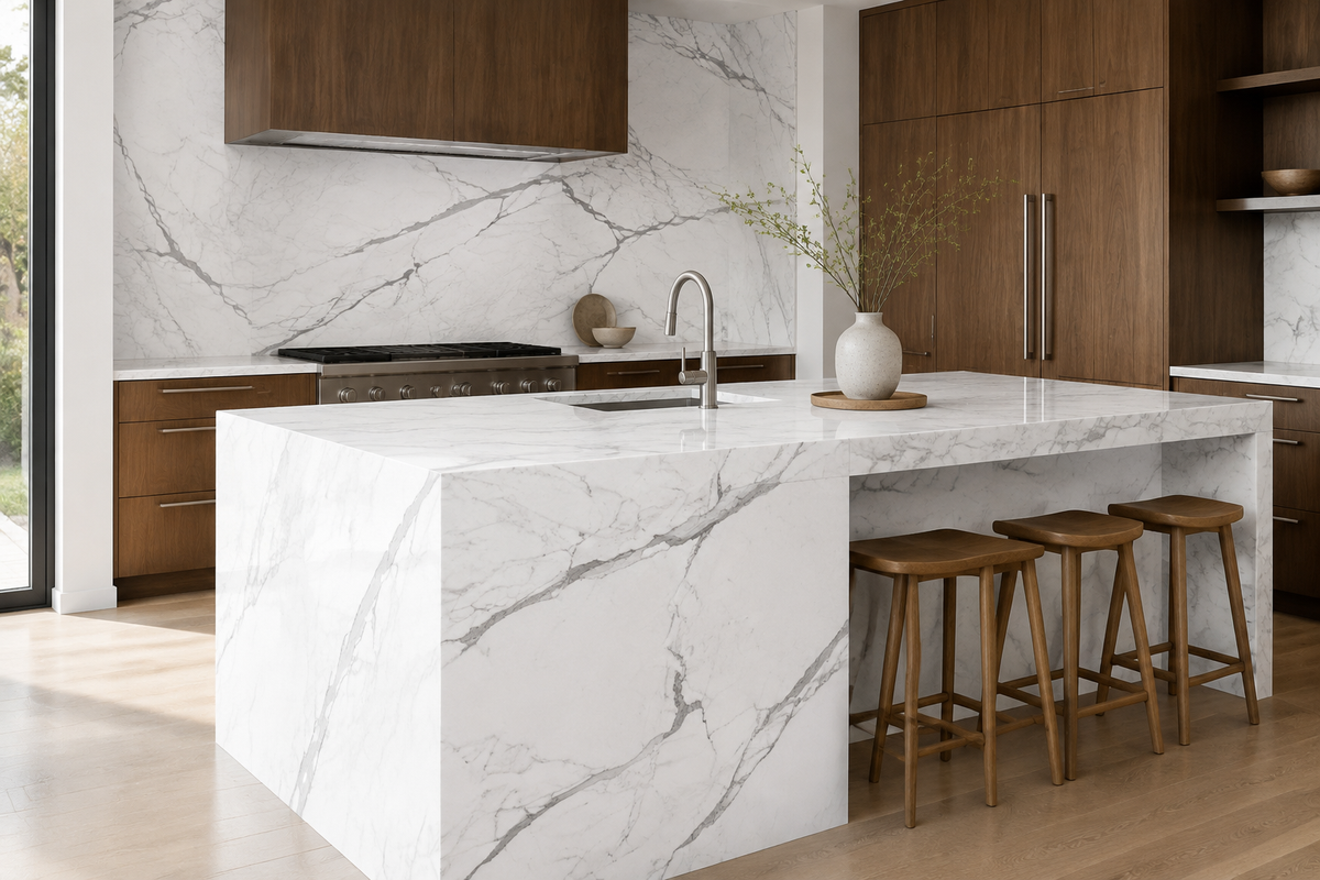 Contemporary kitchen with Statuario Norwell Polished porcelain island, countertops and full-height backsplash