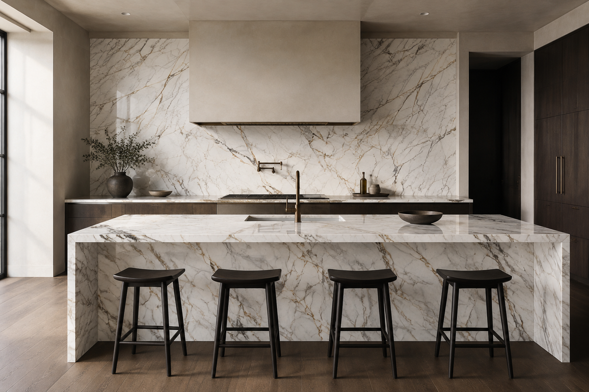 Contemporary kitchen with Calacatta Luxe porcelain island, countertops and full-height backsplash