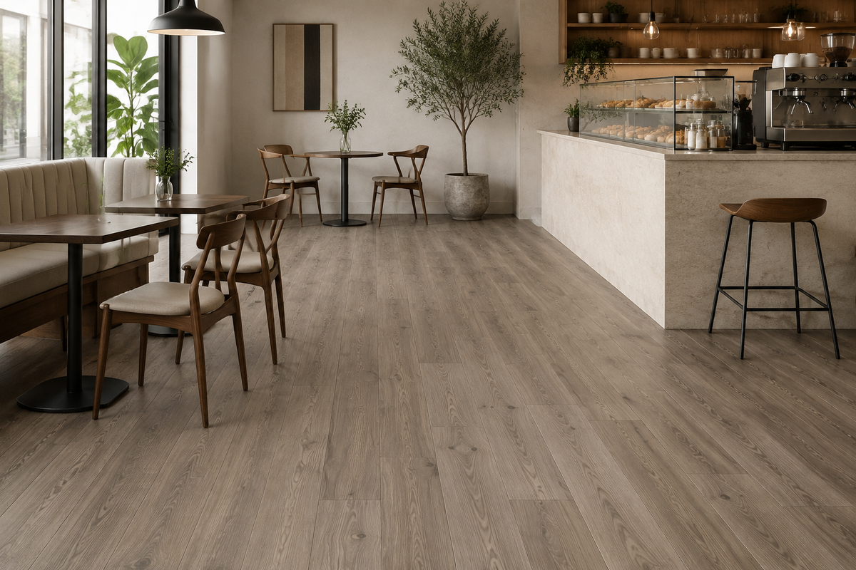 Monaco Oak SPC flooring in a modern boutique café interior