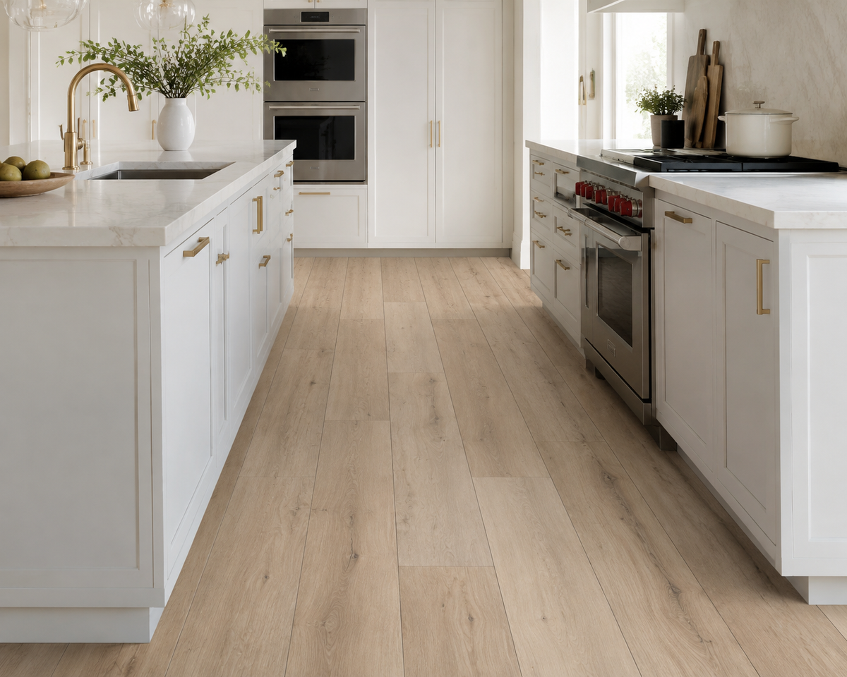Natural Haven 7 mm SPC flooring in a bright modern white kitchen