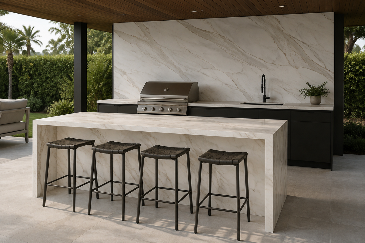 Covered outdoor kitchen with Calacatta Borghini porcelain worktops and protected feature wall