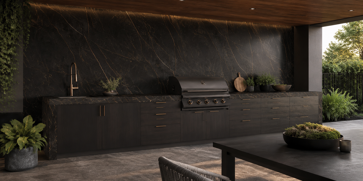 Contemporary kitchen with Stratum Portoro Polished porcelain island, countertops and full-height backsplash